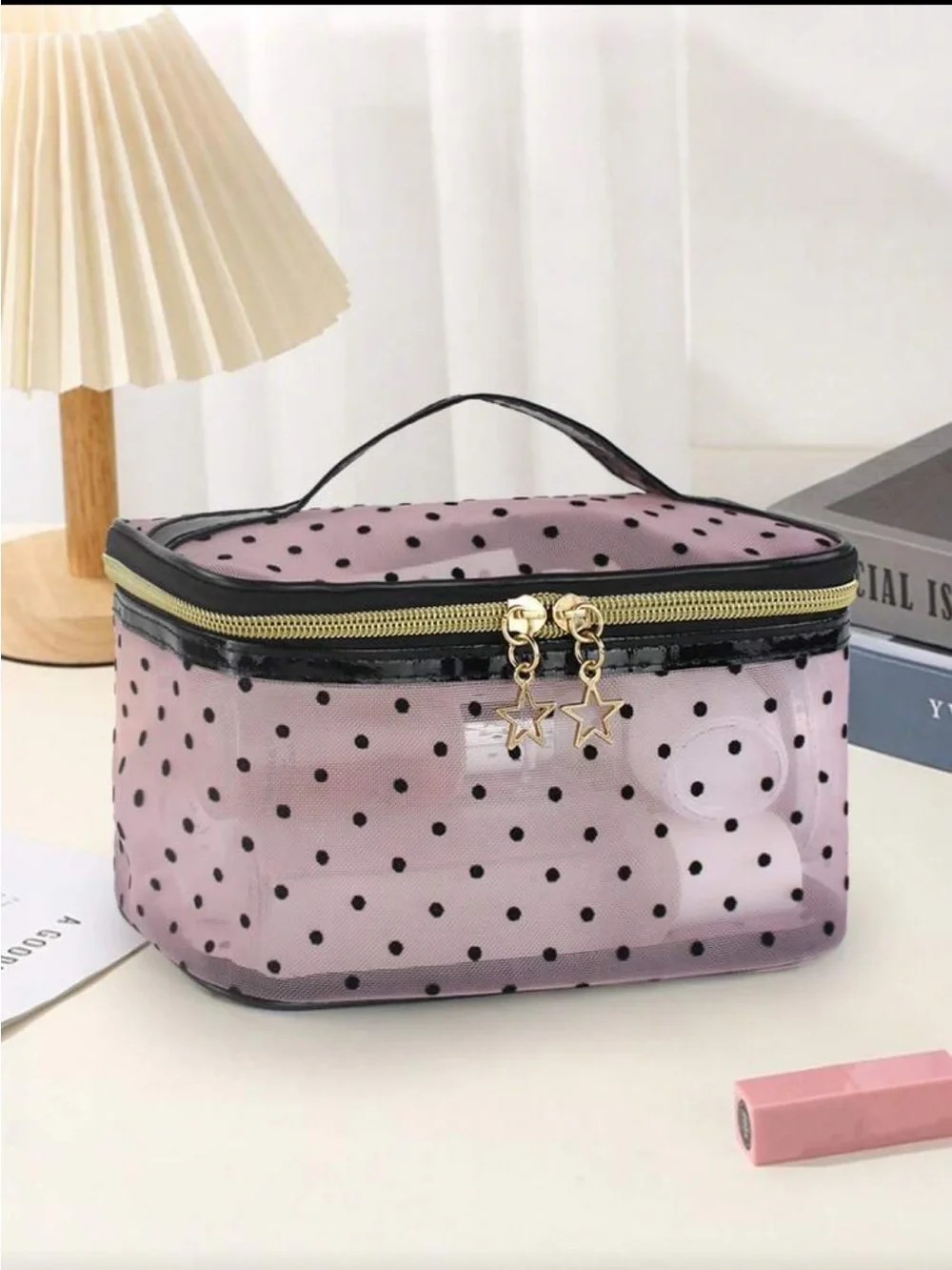 Pink Polka Dot Clear Cosmetic Bag with Star Zipper Pulls